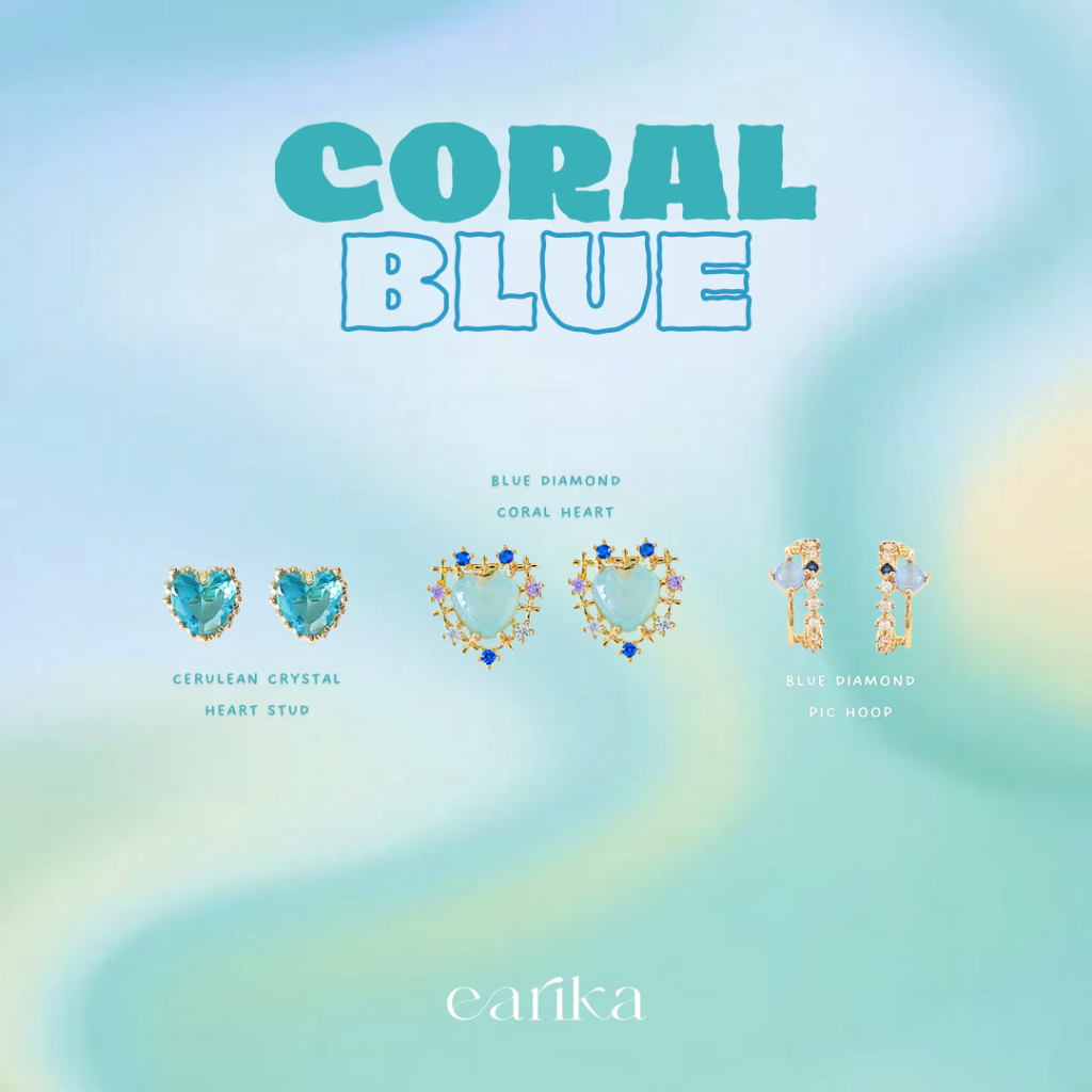 earika.earrings - coral blue collection ต่างหูสีฟ้าเขียวน้ำทะเลก้านเงินแท้ชุบทองคำขาว ผิวแพ้ง่ายใส่ได้