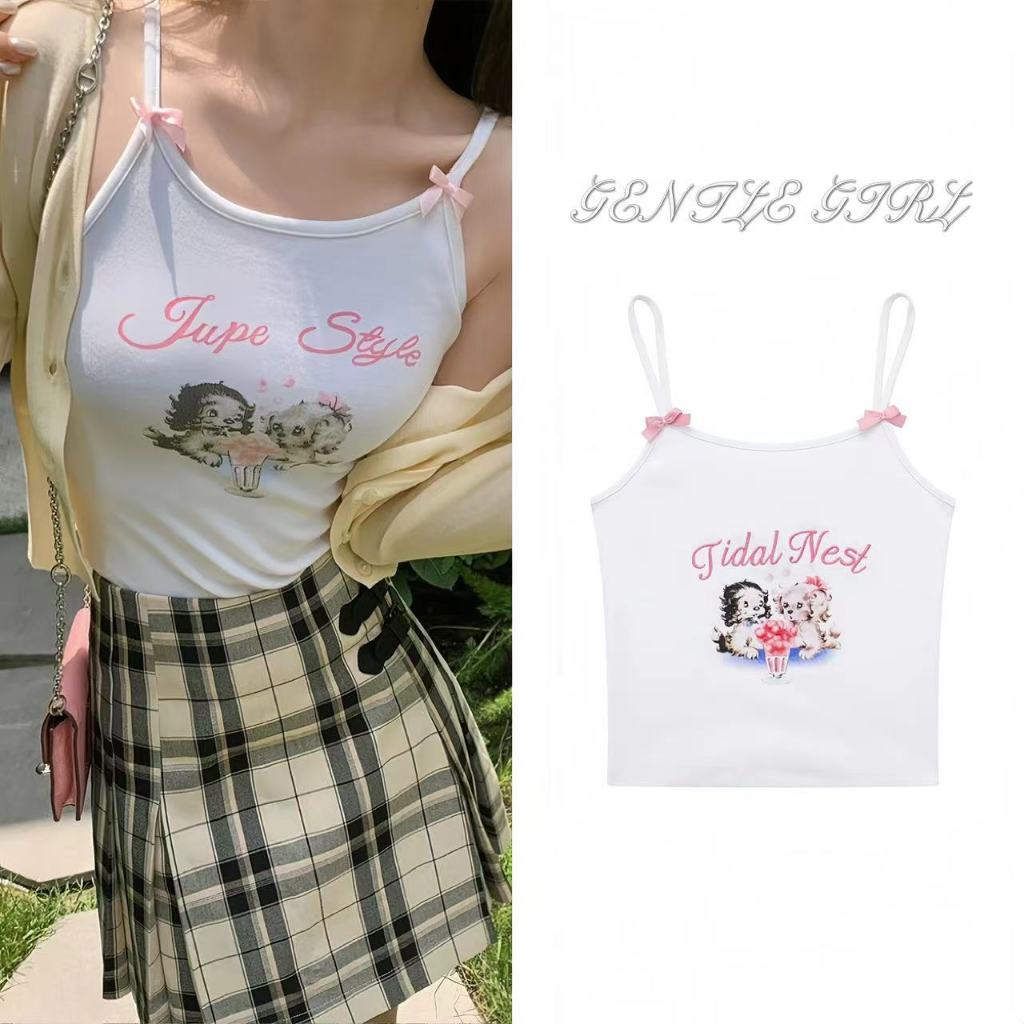 #GG🎀จัดส่งที่รวดเร็ว🎀พิมพ์ลายลูกสุนัขหวานและเผ็ดบริสุทธิ์ เสื้อกล้ามสั้นทรงสลิมด้านหลังที่สวยงาม