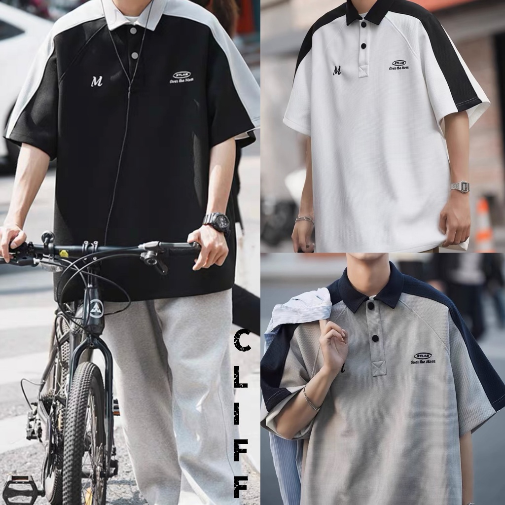 CLIFF เสื้อโปโลสีชายเสื้อคอปกสไตล์เกาหลีสบาย ๆ แฟชั่นปักไหล่ออกแบบผ้าวาฟเฟิล