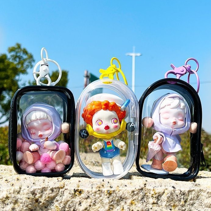 POP MART ถุงป๊อปมาร์ทแบบหนาโปร่งใสสูงถุงเก็บ PVC ใสแบบปิดสำหรับจัดแสดงนอกบ้าน PVC bagกระเป๋าเด็กหัดเดิน pvc แบบใส สามมิ