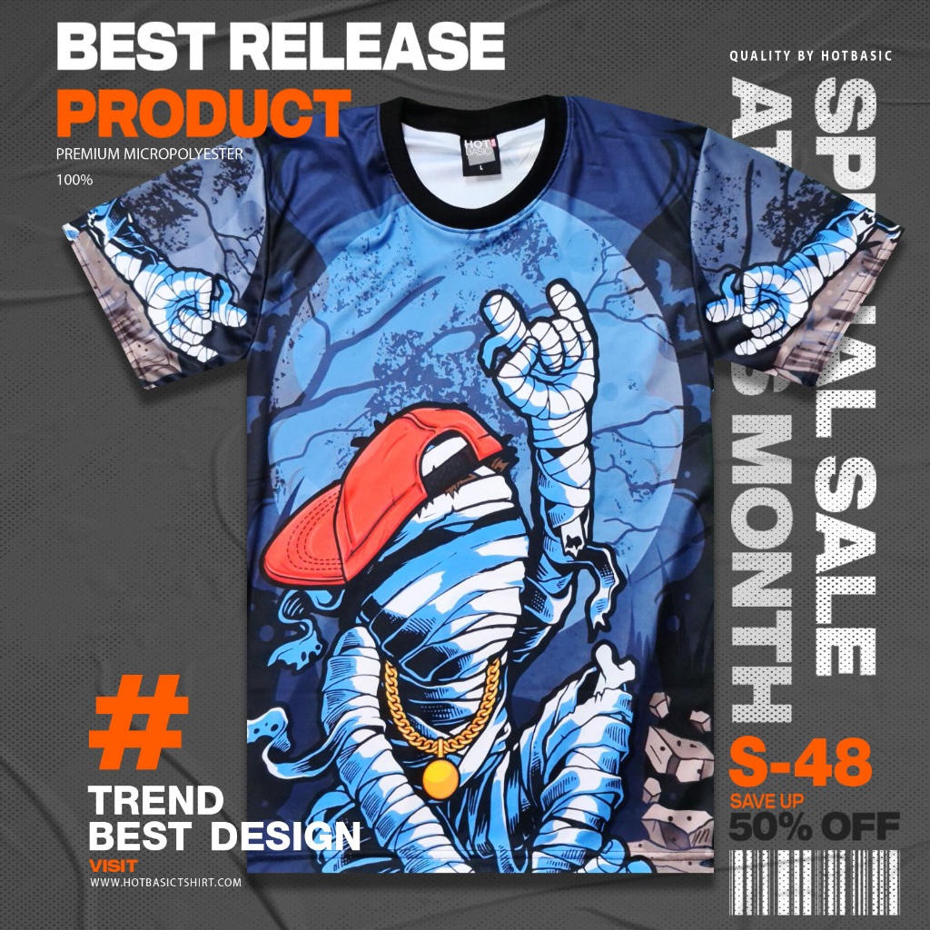 Hot Basic เสื้อยืด ลายมัมมี่ชูมือ Mummy | สตรีท | พิมพ์ลายเต็มตัว | S48