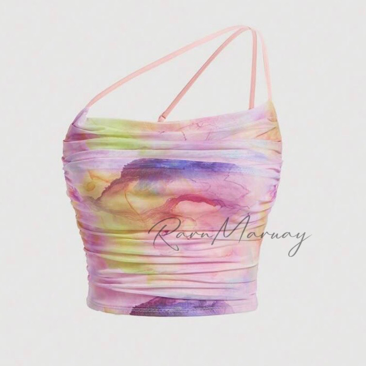 (พร้อมส่ง) เสื้อสายเดี่ยว พิมพ์ลายมัดย้อม เสื้อแฟชั่นสำหรับผู้หญิง R1012