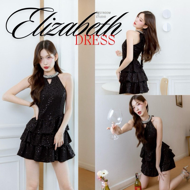 ELIZABETH BLACK DRESS เดรสกลิ้ตเตอร์สีดำ