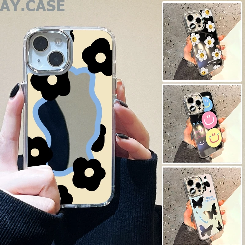 Case เคส for iPhone 11 13 15 16 14 12 17 Pro Max เคสไอโฟน11 16Pro ขอบดอกไม้สีขาวดำนม กรณีโทรศัพท์มือถือชุบกระจก