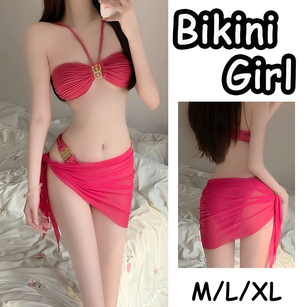 Bikini Girl  ชุดคลุม bikini  ✨ชุดว่ายน้ำ3ชิ้น 👙 ดีไซน์คล้องคอ สีดำ ชมพู🚚ส่งไวจากไทย1-3วัน#0130
