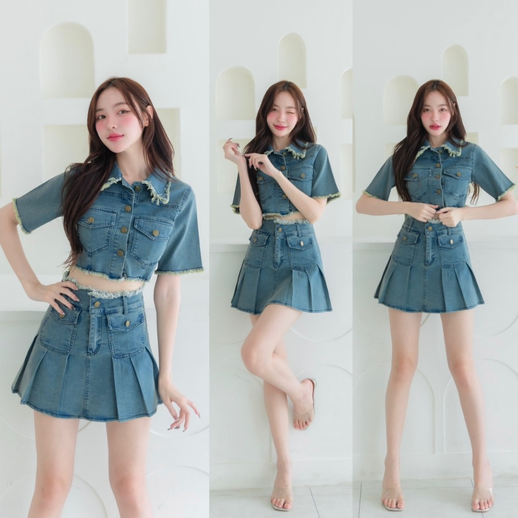 ST693 เซตเสื้อครอปแขนสั้นคอปกกระดุมหน้า