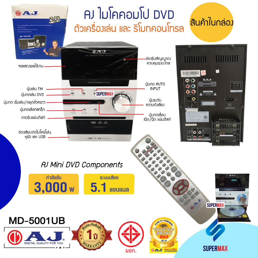 AJ ไมโครคอมโป DVD รุ่น MD-5001UB พลังเสียง 3,000W ช่อง USB / SD Card / MMC Card รีโมท รับประกันสินค้า 1ปี