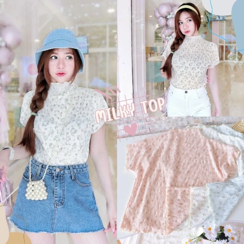 Milky Top เสื้อยืดแขนสั้น คอปีน ลายดอกไม้ Texture นูน - รูปที่ 1