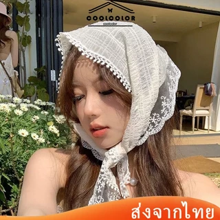 ในไทย💖ผ้าพันคอสีขาวที่คาดผมผ้าทรงสามเหลี่ยมแต่งลูกไม้ลายดอกไม้คุณภาพสูงเครื่องประดับแฟชั่นมีหลายสไตล์ให้เลือก