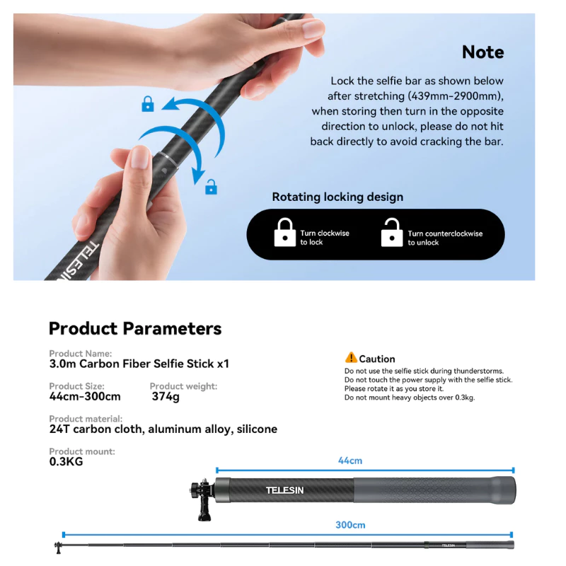 Telesin New Design 3m Carbon Fiber Selfie Stick for GOPRO,DJI Osmo360/DJI Action 6/5Pro/4/3,Insta360 thumbnail 8