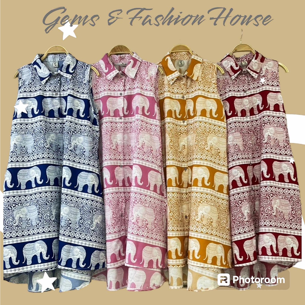 เดรสเชิ้ตแขนกุด ป้าย Pitzy Dress เดรสแขนกุดทรงเอ มีกระเป๋า 2 ข้าง ผ้าไหมอิตาลี พิมพ์ลายช้างไทย ใส่เที่ยวเก๋ๆ อก 40 นิ้ว