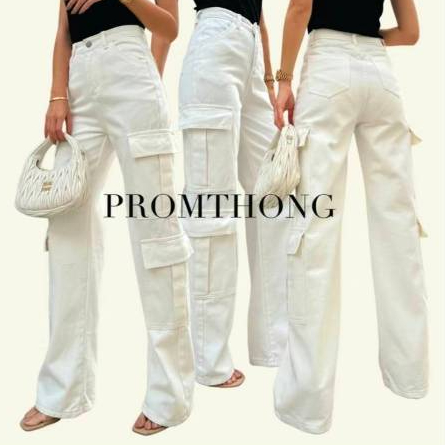 PTJ3731-1 กางเกงยีนส์คาร์โก้ทรงกระบอกตรงเอวสูง PROMTHONG