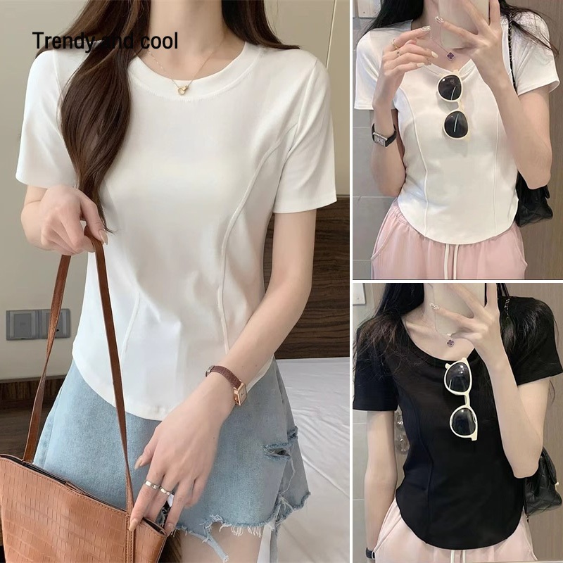 พร้อมส่งจากกทม เสื้อยืดสีขาวผู้หญิง เสื้อยืดคอกลม งสีพื้น เสื้อแขนสั้น ผ้านิ่มสวมใส่สบาย แต่งด้วยสองเส้น