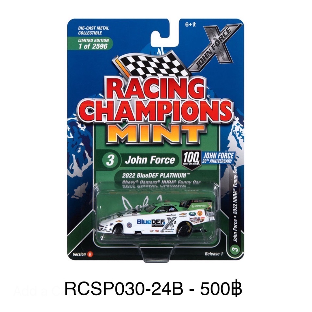 MJ-RCSP030-24B-Racing Champions 1:64 John Force 2022 BlueDEF Platinum Chevrolet Camaro SS NHRA Funny Car – Green/White