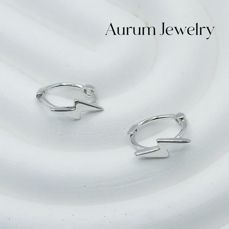 Aurum Jewelry: ต่างหูห่วงลายสายฟ้า เงินแท้ รุ่น Lightning Bolt (ราคาต่อ 1 คู่)