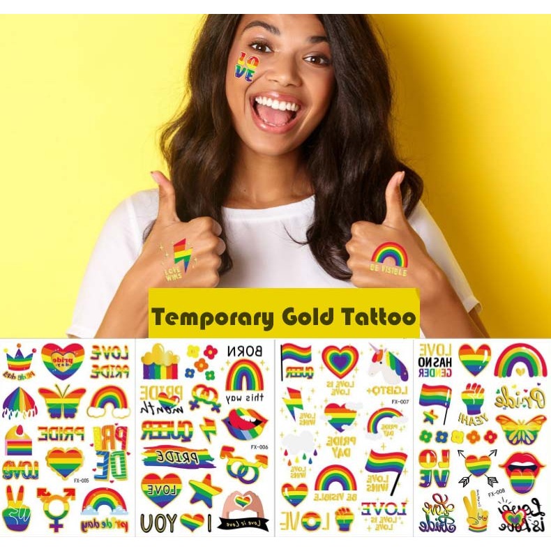แทคทูสีทอง แทคทูสีรุ้ง สีรุ้ง สีทอง รอยสัก ล้างออกได้ Gold Rainbow PRIDE LGBT LGBTQ Temporary Tattoo