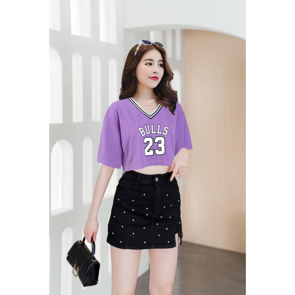 เสื้อบาสทรงครอป แขนสั้น ใส่สบาย พิมพ์ลาย