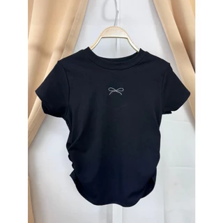 🌈SpinnyHouse🌈เสื้อครอปแต่งย่นข้าง ปักโบว์ช่วงอก BABY TEE 😻 ผ้ายูนิโคล่ยืดตามตัว รุ่น ตาแป๋ว B-010-3-A