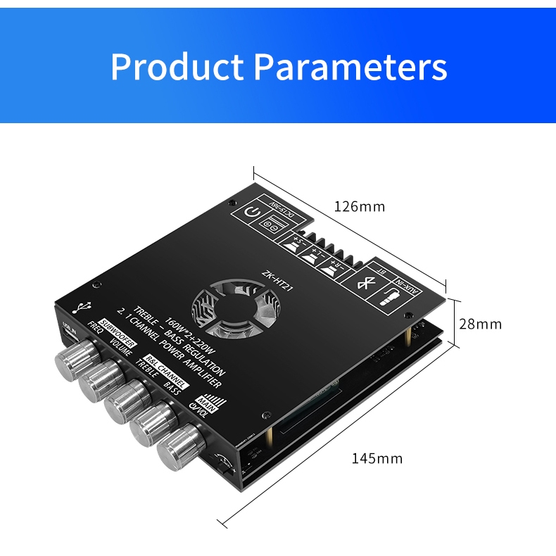 ZK-HT21 แอมป์บลูทูธ แอมป์จิ๋ว เครื่องขยายเสียง Aux Bluetooth5.0 สเตอริโอเครื่องขยายเสียงบอร์ด 2.1ช่อง 160W * 2 + 220W