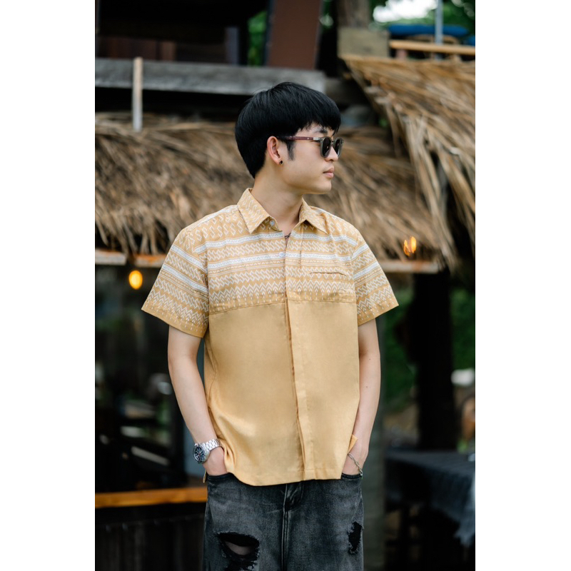 เสื้อผ้าฝ้ายฟอกนุ่มผ้าฝ้ายพิมพ์ลายNo.16เหลืองขอสั้น