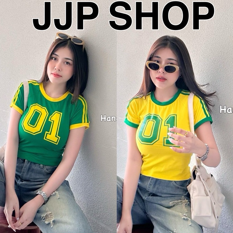 เสื้อครอปแต่งแถบแนวสปอร์ต สีเขียวเหลือง01 สีสดสวย