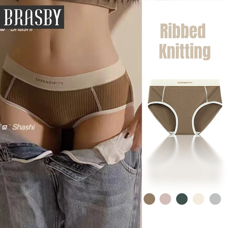 ✨BRASBY✨Thread knitted สีพื้นฐาน กางเกงในผู้หญิงน่ารัก เอวกลาง ใส่สบายผ้านุ่ม ระบายอากาศได้ดี เป้าสองชั้นป้อง