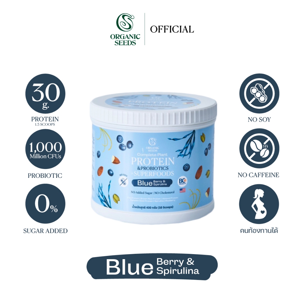 1 กระปุก Plant Protein Blueberry & Spirulina 400g / โปรตีนพืช รสบลูเบอร์รี่ และสไปรูริน่า