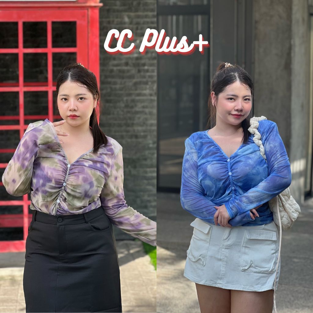 Cici Plus+ (2126) เสื้อซีทรูแขนยาว พิมพ์ลายมัดย้อม แต่งย่น กระดุมใช้ได้จริง สไตล์ฮิปๆ เท่สุด