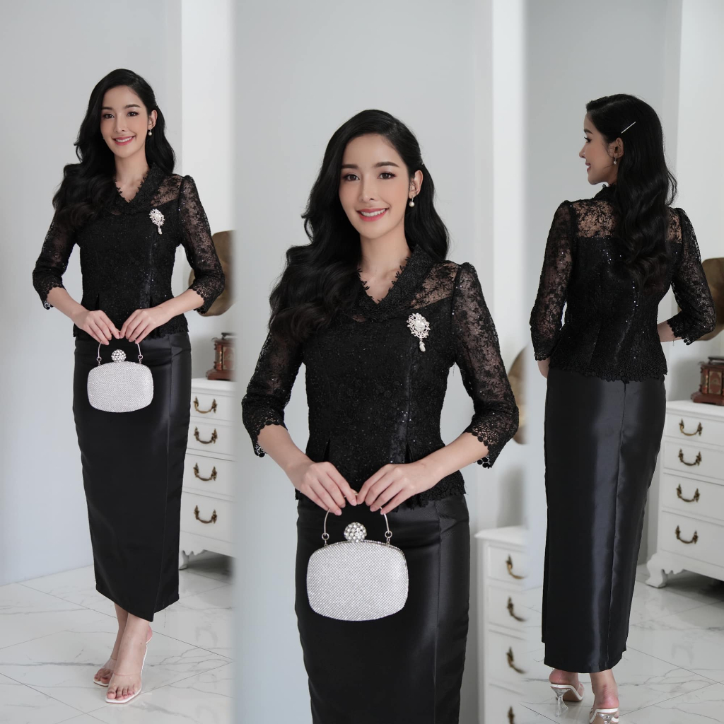 GBK เสื้อลูกไม้ ชุดลูกไม้ งานบุญ  สีดำ ขาว 1022/1030