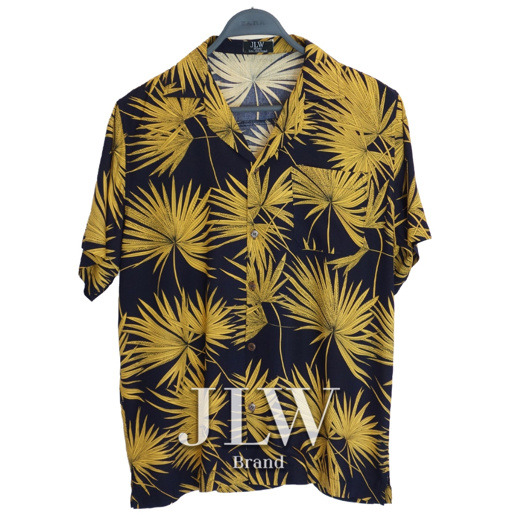 เสื้อฮาวาย ลายใบลาน ทอง ผ้านิ่ม M L XL Oversize คอฮาวาย JLW BRAND