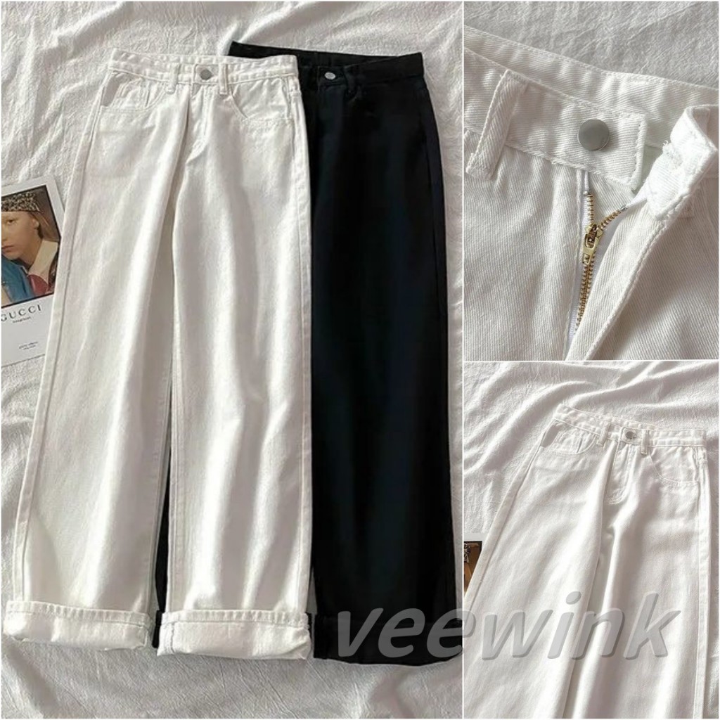 Veewink พร้อมส่งจากกทม กางเกงยีนส์ขายาวทรงกระบอกขาไม่บาน สีดำ/ขาว ไซด์XS-2XL