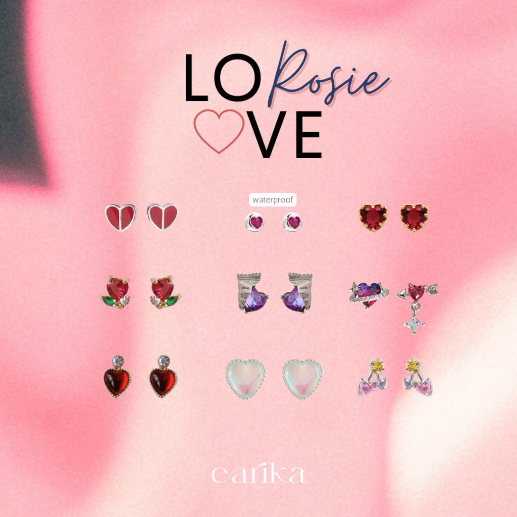 earika.earrings - love rosie collection ต่างหูแป้นหัวใจสีหวานก้านเงินแท้ชุบทองคำขาว/ทอง ผิวแพ้ง่ายใส่ได้
