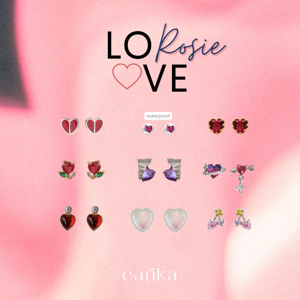 earika.earrings - love rosie collection ต่างหูแป้นหัวใจสีหวานก้านเงินแท้ชุบทองคำขาว/ทอง ผิวแพ้ง่ายใส่ได้