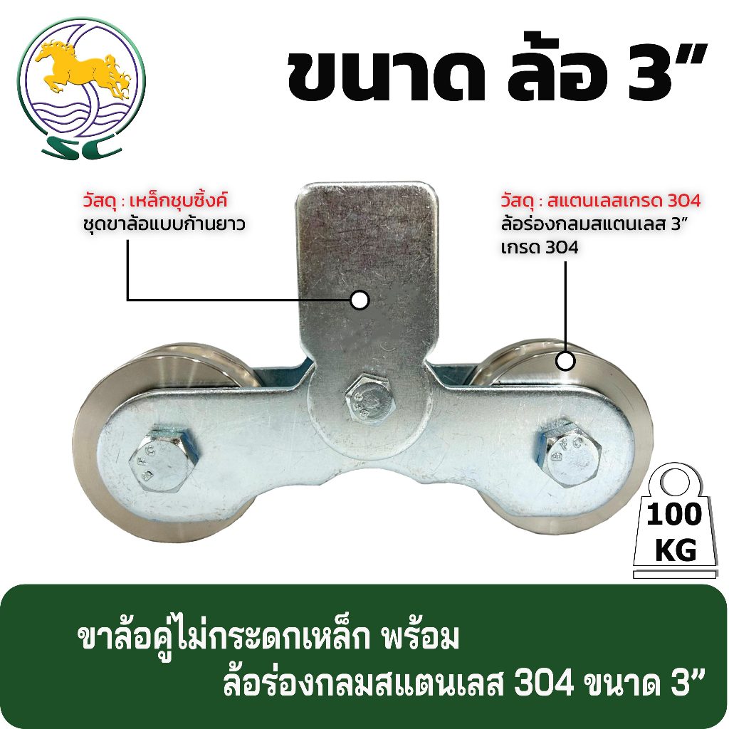 ล้อร่องเพลา(กลม)สแตนเลส3นิ้ว รู4+ขาคู่ไม่กระดก4นิ้ว(เหล็ก) ประตูรั้ว ประตูบานเลื่อน