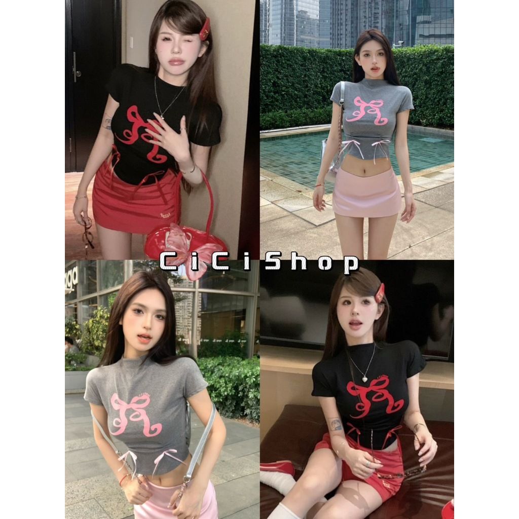Cicishop(H93125)เสื้อครอปคอปีนผ้าเรยอน สกรีนลายโบว์พริ้วไหว แต่งโบว์สำเร็จเพิ่มลูกเล่น ยืดเยอะ สไตล์เรียบๆปนเท่นิดๆ