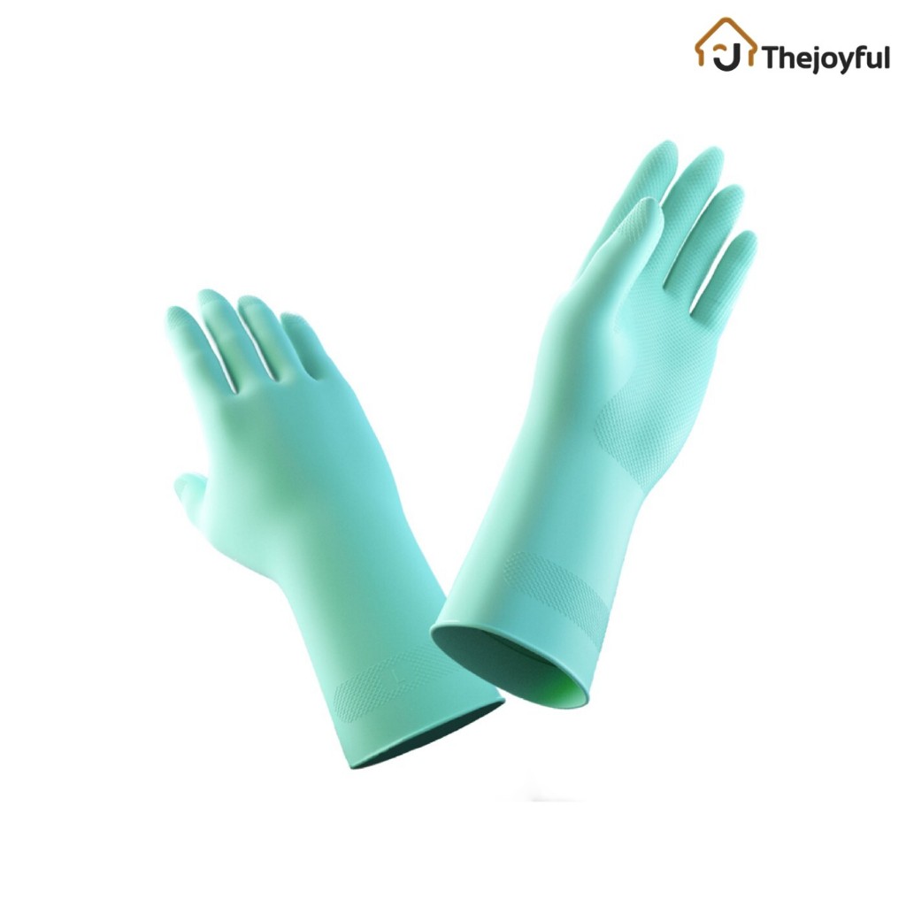 Thejoyful ถุงมือยาง มีซับในกำมะหยี่ ปราศจากแป้ง เหมาะสำหรับคนแพ้น้ำยาล้างจาน 1คู่ rubber gloves