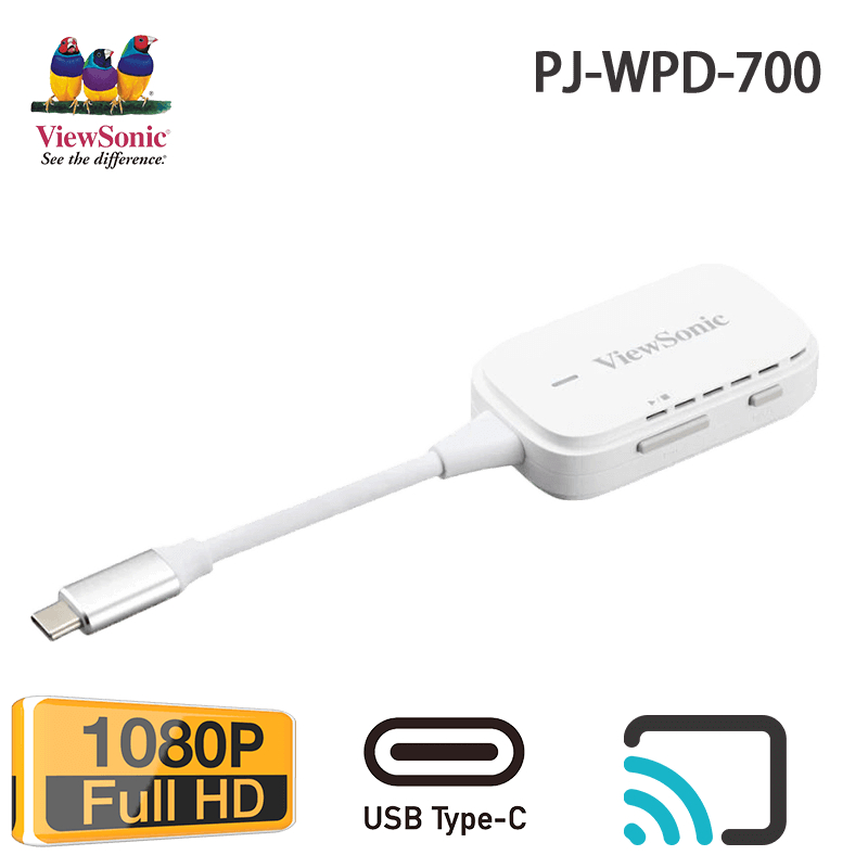 ViewSonic PJ-WPD-700 Wireless Screen Casting Kit with 1080p Full HD Support, USB-C, and HDMI inputs 