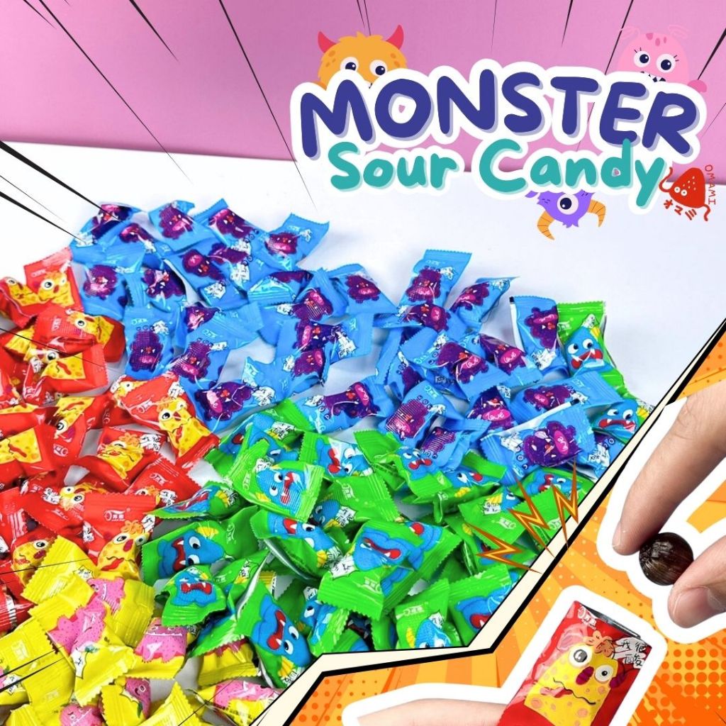 👾👽 ลูกอมมอสเตอร์ ลูกอมน้ำอัดลม Sour Candy คุกผงเปรี้ยว 50-100 ชิ้น รสโคล่า เลม่อน มะนาว บลูฮาวาย ลายน่ารัก สดใส