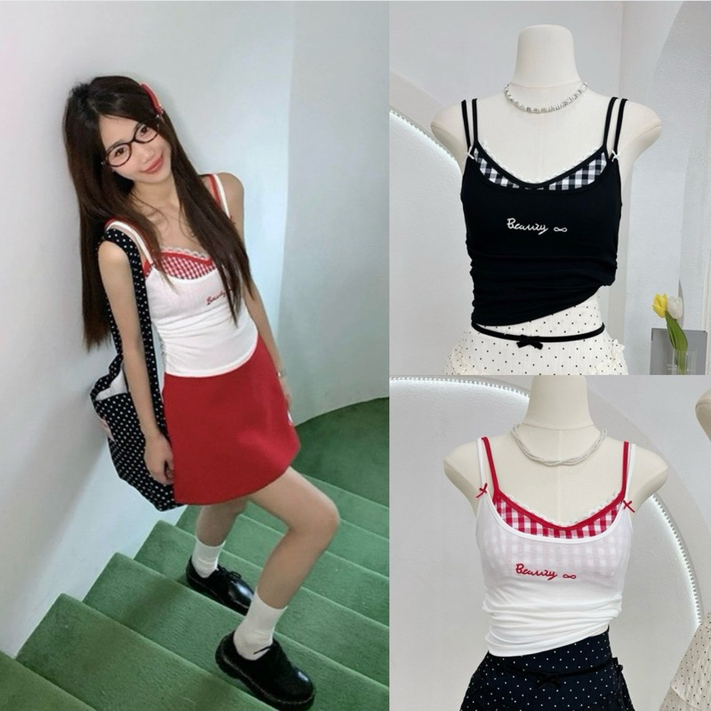 G-rose Set 2 ชิ้น สายเดี่ยวแต่งโบว์ + บราลายตาราง มีฟองน้ำ สามารถใส่แยกชิ้นได้