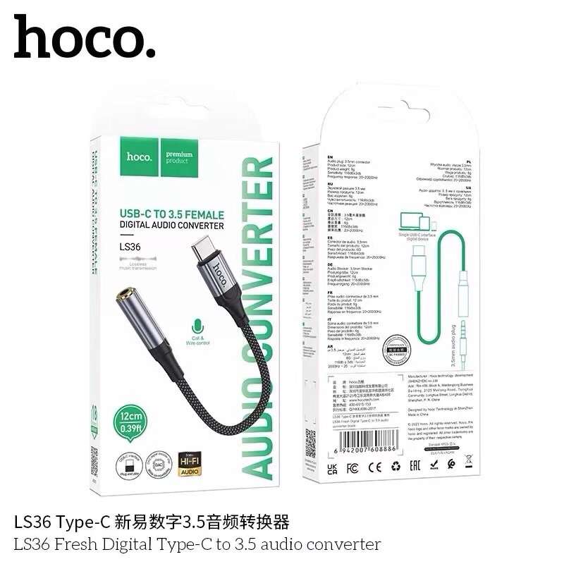 Hoco LS36 หัวแปลงหูฟัง Aux to Type-C รองรับการโทรศัพท์ และควบคุมปุ่มกด Adapter Audio Converter สำหรั