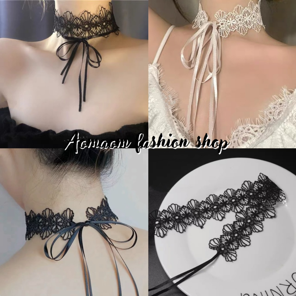 โชคเกอร์ โชคเกอร์ลูกไม้ แบบผูกสาย สีดำ สีขาว A-090 พร้อมส่งจากไทย