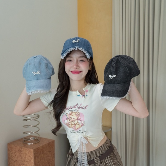JARINYA หมวกปัก โบว์ลูกปัด แต่งระบายลูกไม้ งานผ้ายีนส์ปรับสายขนาดได้ น่ารักมาก