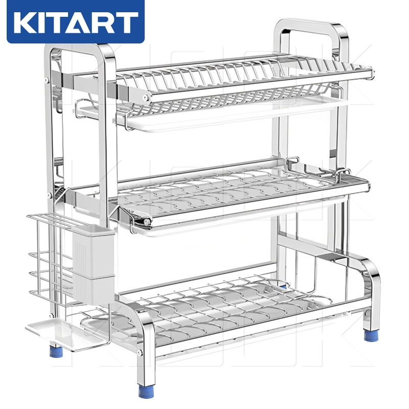 KITART ชั้นวางจาน เหล็กกล้าไร้สนิม 304 ที่คว่ำจาน ชั้นวางจาน 2 ชั้นพร้อมที่ใส่อุปกรณ์ ที่เขียงเขียง และที่คว่ำจานสำหรั