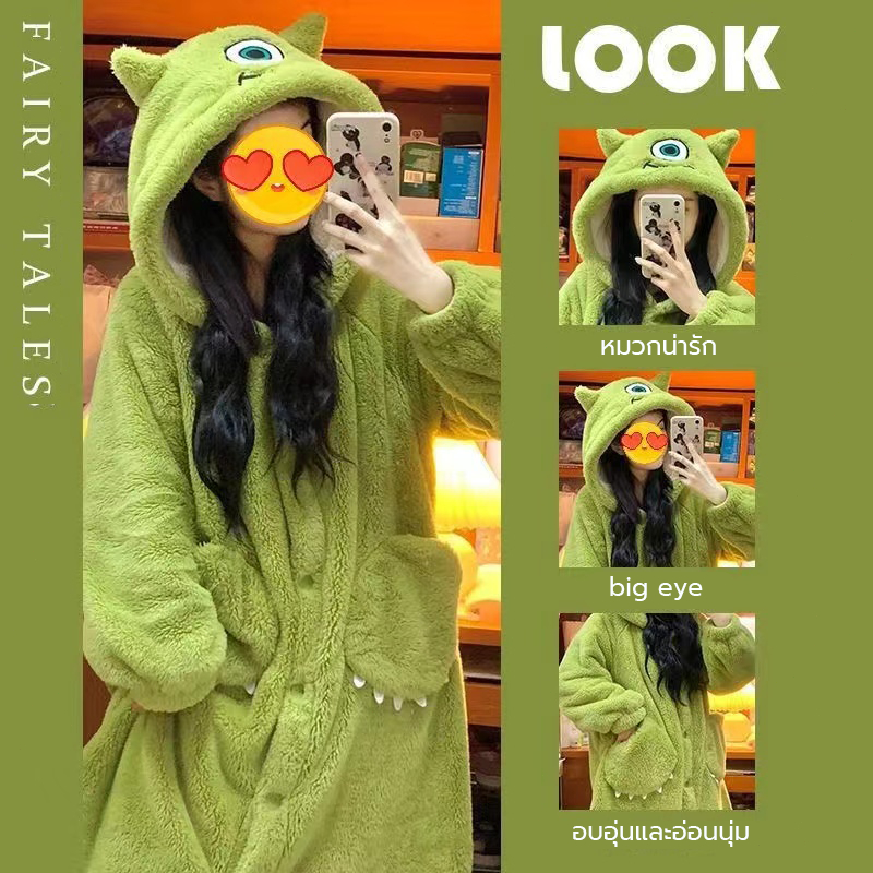 🥰  มาใหม่น่ารักฤดูหนาวบิ๊กตาชุด นอนผู้หญิงเน็ตไอดอลหนาชุดนอนผ้าสักหลาดยาวชุดนอนเสื้อคลุมอาบน้ำ