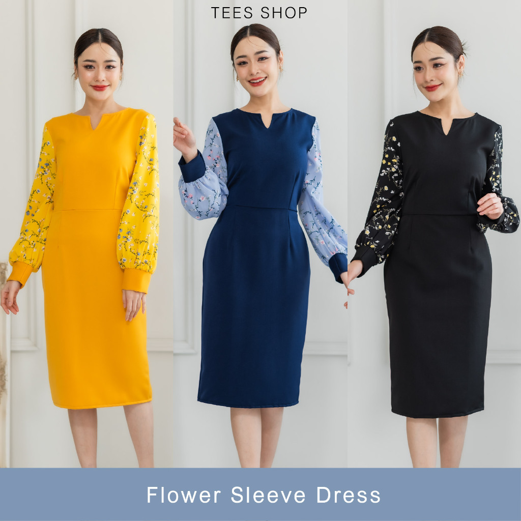 TEESBRAND  ชุดทำงานฮานาโกะ แขนยาวผ้าลายเนื้อดี สีดำ ทรงสอบ คอปีกกา  Women clothing เดรสทำงาน