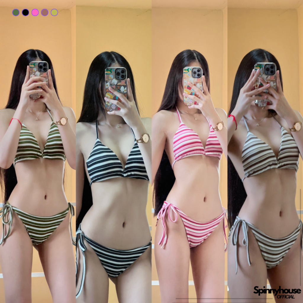 SpinnyHouse ชุดว่ายน้ำ บิกีนี่2ชิ้น ผ้ายืดทอลายสลับสี ผ้ายืดตามตัว มีเชือกผูกปรับระดับได้ มีฟองน้ำในตัว รุ่น ดีโด้