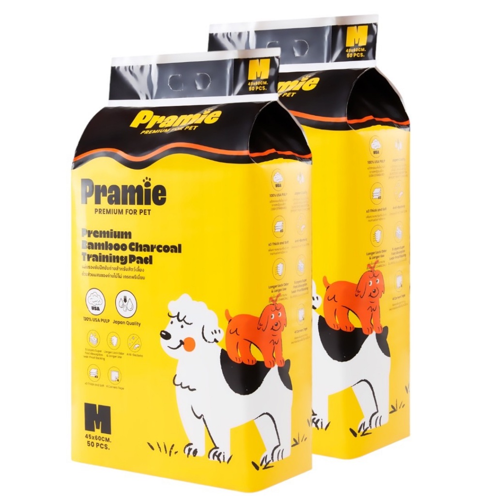 Bundle X2 Pramie Premium Charcoal Training Pad: Size M 45x60cm แผ่นรองซับฝึกขับถ่ายผสมชาโคล