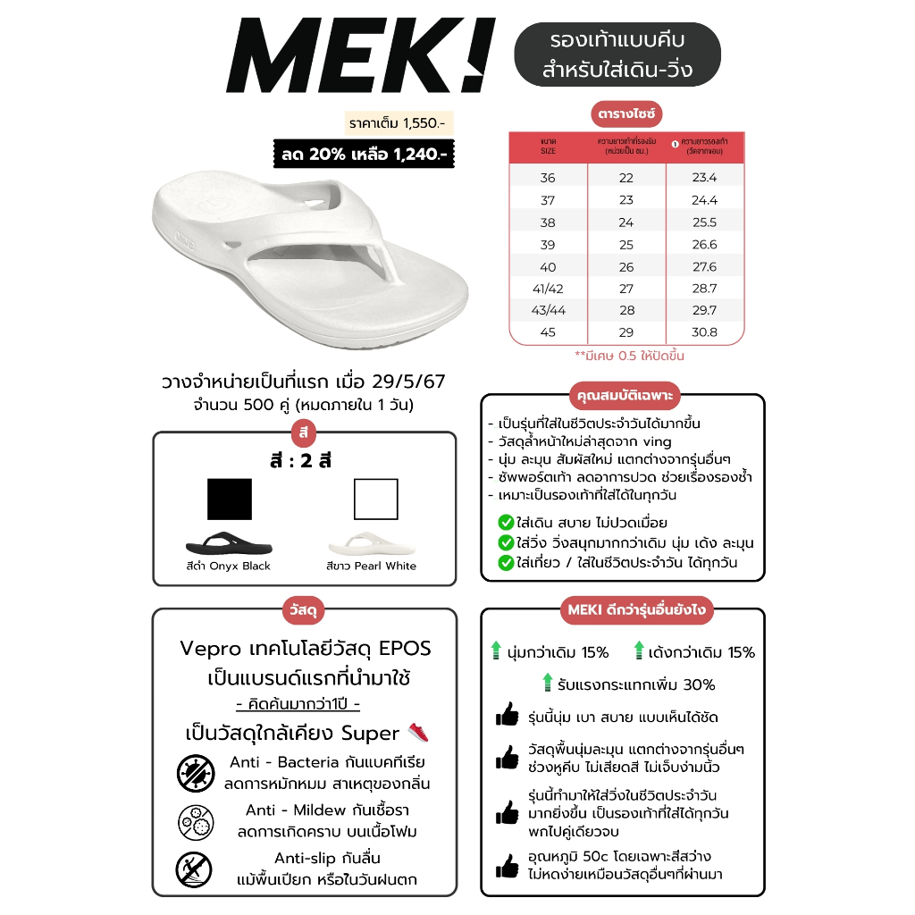 VING MEKI รองเท้าแตะวิ่ง เดิน แบบคีบ ใช้ในชีวิตประจำวัน เทคโนโลยีล้ำสุดด้วยโฟม EPOS น้ำหนักใส่สบาย