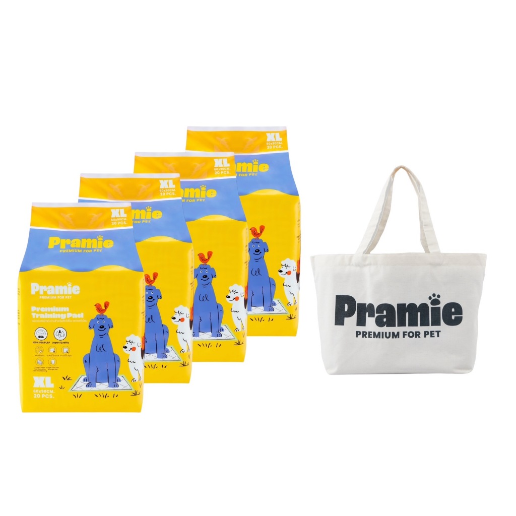 Bundle X 4 Pramie Premium Training Pad แผ่นรองซับ: Size XL 60x90 cm + กระเป๋าผ้าแคนวาส (จุ่มลาย)