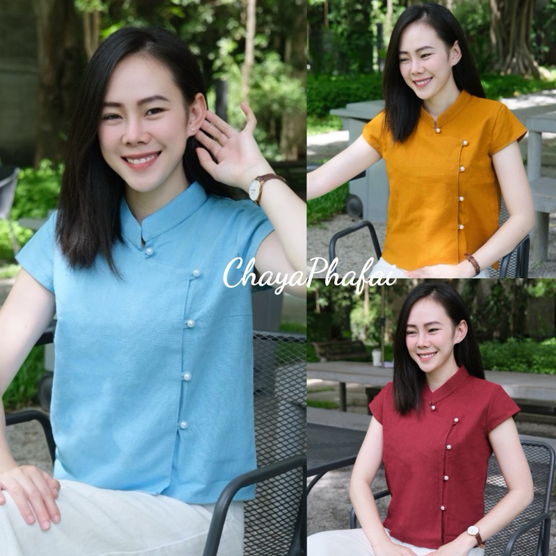 เสื้อผ้าฝ้ายคอจีนป้ายข้างกระดุมมุก